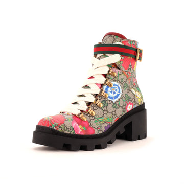 Gucci Women's Heeled Lace Up Combat Ankle Boots Flora GG Coated Canvas