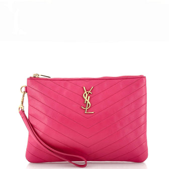 Saint Laurent Classic Monogram Wristlet Pouch Matelasse Chevron Leather Medium