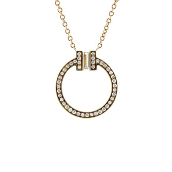 Tiffany & Co. T Circle Pendant Necklace 18K Yellow Gold with Diamonds and Center Baguette Diamond Small