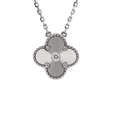 Van Cleef & Arpels Vintage Alhambra Pendant Necklace Guilloche 18K White Gold with Diamond