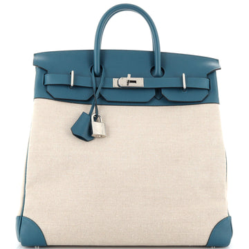 Hermes HAC Birkin Bag Toile and Green Evercolor with Palladium Hardware 40