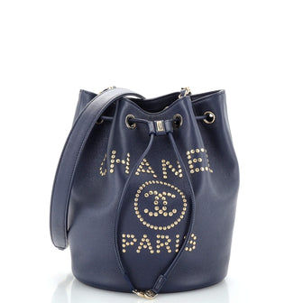 Chanel Deauville Drawstring Bucket Bag Studded Caviar Medium