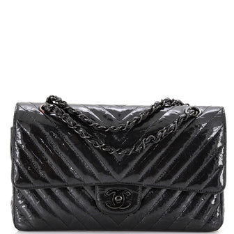 Chanel So Black Classic Double Flap Bag Chevron Crinkled Patent Medium
