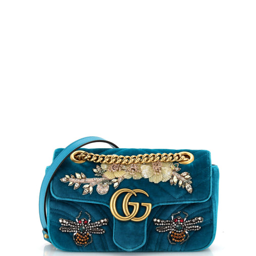 Gucci GG Marmont Flap Bag Embellished Matelasse Velvet Mini Blue