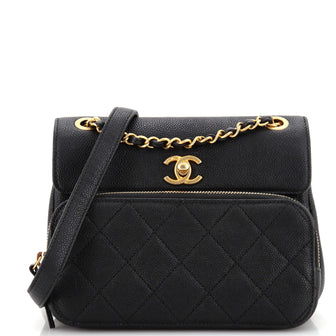 Chanel Front Zip Around Pocket Flap Bag Quilted Caviar Small