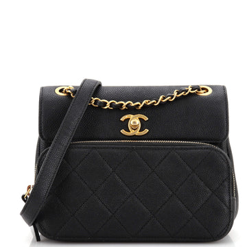 Chanel Front Zip Around Pocket Flap Bag Quilted Caviar Small