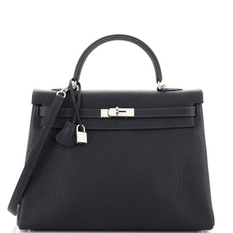 Hermes Kelly Handbag Blue Fjord with Palladium Hardware 35