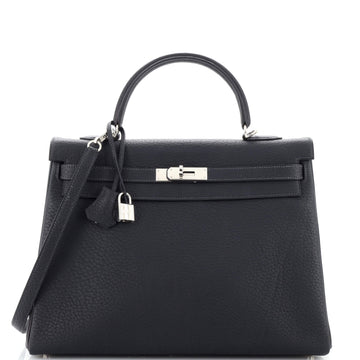 Hermes Kelly Handbag Blue Fjord with Palladium Hardware 35