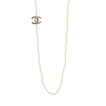 Chanel Vintage Allure Chain CC Long Necklace Faux Pearls and Metal with Lambskin and Crystals