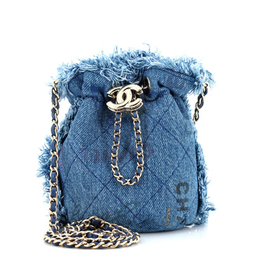 Chanel Denim Mood Chain Bucket Bag Logo Printed Quilted Fringe Denim Mini