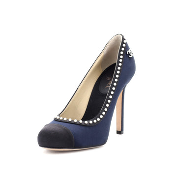 Chanel Women's Cap Toe CC Pearl Around Pumps Satin with Faux Pearls