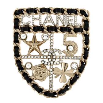 Chanel Sergeant Shield Brooch Metal and Leather with Faux Pearls and Crystals