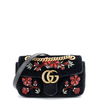 Gucci GG Marmont Flap Bag Embellished Matelasse Velvet Mini