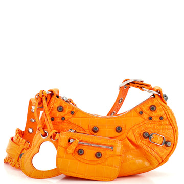 Balenciaga Le Cagole Giant Studs Shoulder Bag Crocodile Embossed Leather XS
