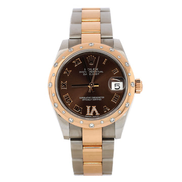 Rolex Oyster Perpetual Datejust Chocolate Brown Automatic Watch Stainless Steel and Rose Gold with Diamond Scattered Bezel and Diamond VI Numeral 31