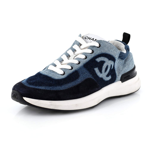 Chanel Women's CC Low-Top Sneakers Printed Denim and Suede Blue