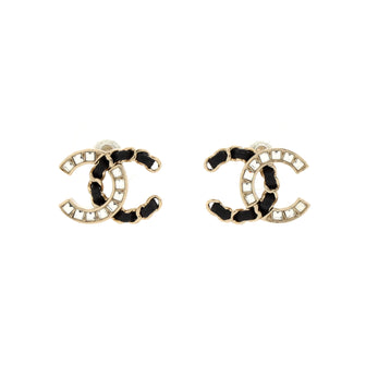 Chanel Vintage Allure Chain CC Stud Earrings Crystal Embellished Metal and Lambskin