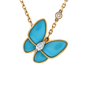 Van Cleef & Arpels Two Butterfly Pendant Necklace 18K Yellow Gold with Turquoise and Diamonds