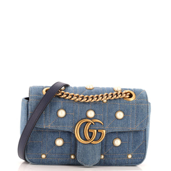 Gucci Pearly GG Marmont Flap Bag Embellished Matelasse Denim Mini