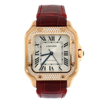 Cartier Santos de Cartier Automatic Watch Rose Gold and Alligator with Diamond Bezel 35