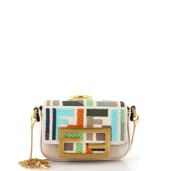 Fendi Chain Baguette Charm Bag Zucca Embroidered Canvas Nano