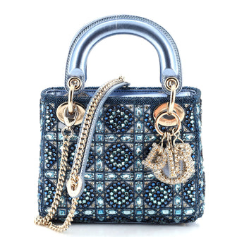 Christian Dior Lady Dior Chain Bag Cannage Quilt Beaded Satin with Leather Crystal Charms Mini