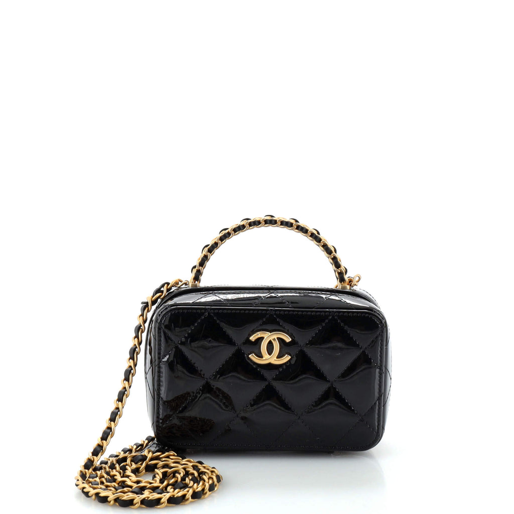 Chanel Woven Chain Top Handle Vanity Case Quilted Patent Mini 271660