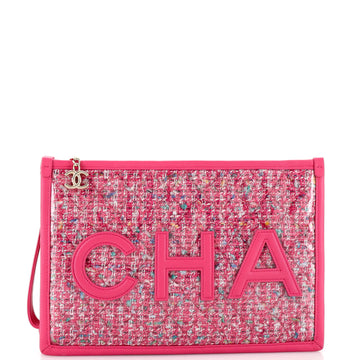 Chanel Logo Wristlet Clutch PVC Over Quilted Tweed Large
