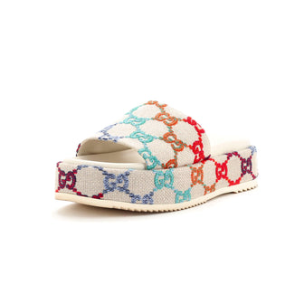 Gucci Women's Angelina Platform Slide Sandals Multicolor GG Linen