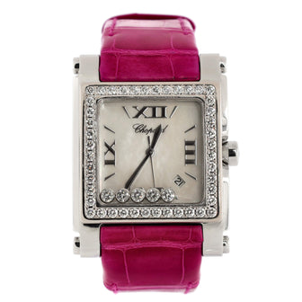 Chopard Happy Sport Square Quartz Watch Stainless Steel and Alligator with Diamond Bezel and 5 Floating Diamonds and Mother of Pearl 35