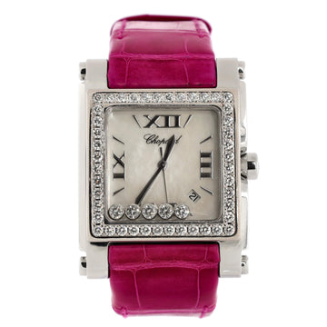 Chopard Happy Sport Square Quartz Watch Stainless Steel and Alligator with Diamond Bezel and 5 Floating Diamonds and Mother of Pearl 35