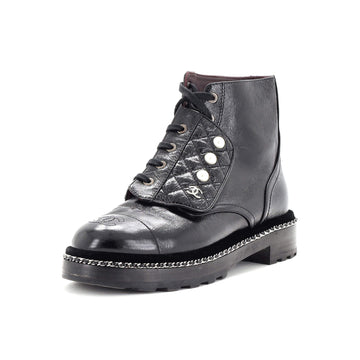 Chanel Women's Cap Toe CC Chain Around Pearl Combat Boots Leather