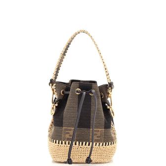 Fendi Mon Tresor Bucket Bag Pequin Canvas and Raffia Mini