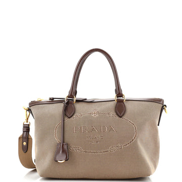 Prada Logo Convertible Zip Tote Canvas with Leather Small