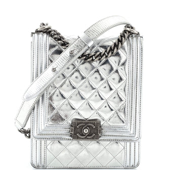 Chanel North South Boy Flap Bag Quilted Metallic Calfskin Small