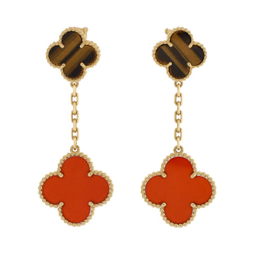 Van Cleef & Arpels Magic Alhambra 2 Motifs Drop Earrings 18K Yellow Gold with Tiger's Eye and Carnelian