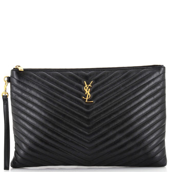 Saint Laurent Classic Monogram Wristlet Pouch Matelasse Chevron Leather Large