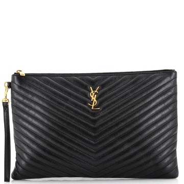Saint Laurent Classic Monogram Wristlet Pouch Matelasse Chevron Leather Large