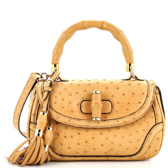 Gucci New Convertible Bamboo Top Handle Bag Ostrich Medium