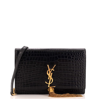 Saint Laurent Classic Monogram Tassel Chain Wallet Crocodile Embossed Leather