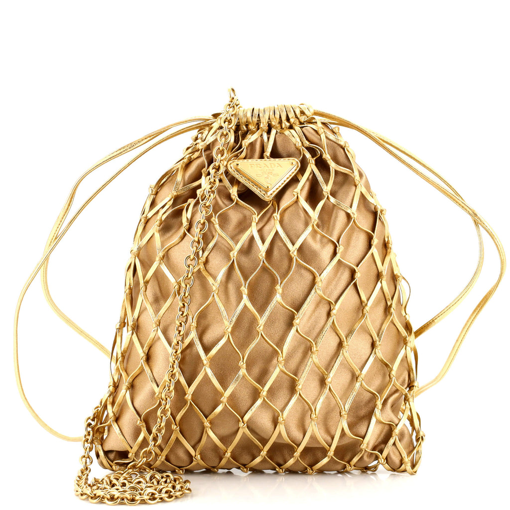 Prada Fishnet Chain Crossbody Bag Woven Leather and Satin Gold