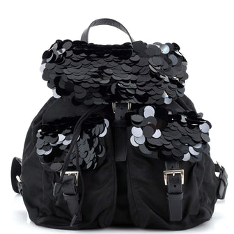 Prada Double Pocket Drawstring Backpack Tessuto with Paillettes