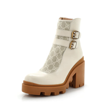 Gucci Women's Double Buckle Lug Sole Ankle Boots Leather with GG Coated Canvas