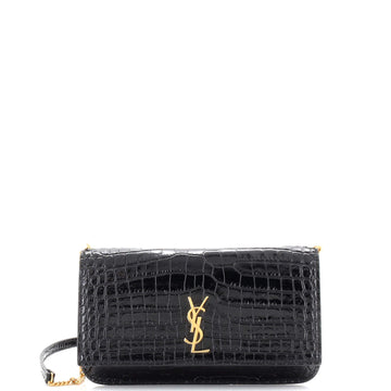Saint Laurent Classic Monogram Phone Holder Shoulder Bag Crocodile Embossed Leather