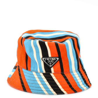 Prada Triangle Logo Bucket Hat Striped Canvas