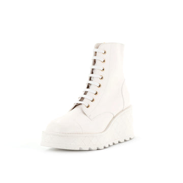 Chanel Women's Logo Wedge Combat Boots Quilted Leather