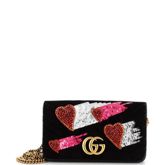 Gucci GG Marmont Heart Chain Flap Bag Sequin Embellished Matelasse Velvet Mini