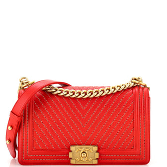 Chanel Boy Flap Bag Chevron Calfskin with Micro Chain Detail Old Medium