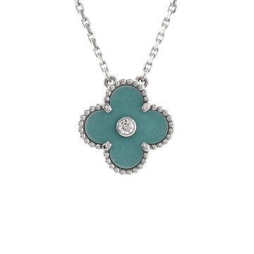 Van Cleef & Arpels Vintage Alhambra Pendant Necklace 18K White Gold and Green Celadon Sevres Porcelain with Diamond