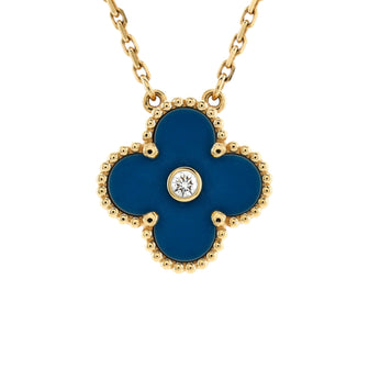 Van Cleef & Arpels Vintage Alhambra Pendant Necklace 18K Yellow Gold and Blue Sevres Porcelain with Diamond